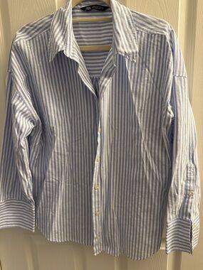 Zara Blue and White Striped Button-Down Shirt